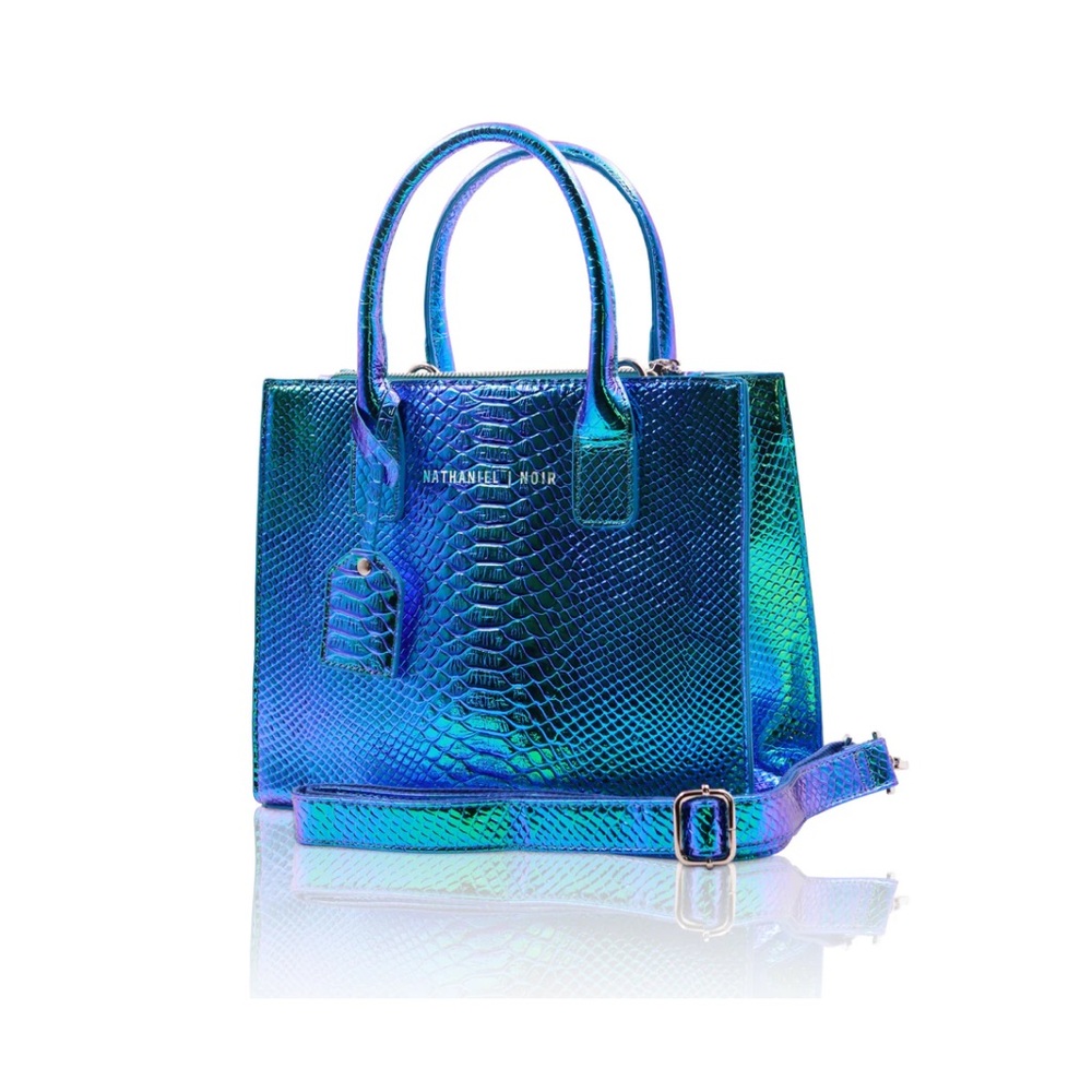 Mini blue/green iridescent faux croc structured bag